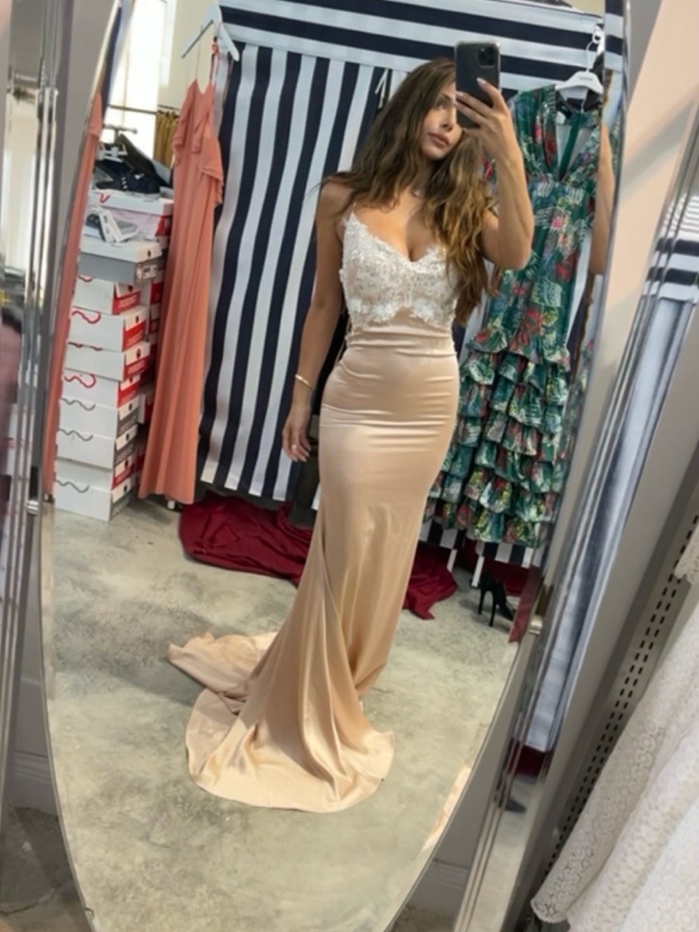 Portia and Scarlett Blush Satin Gown with White Lace Bodice bridal or prom